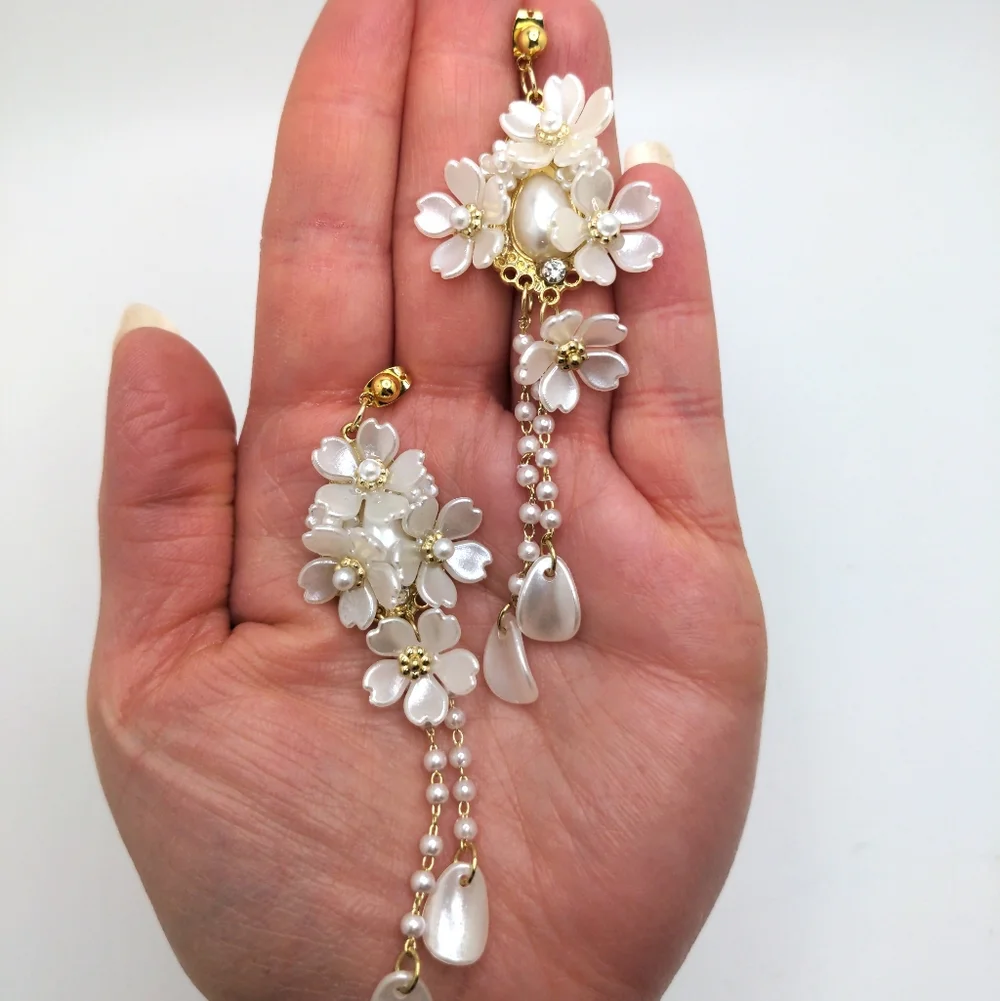 White Floral Wedding Bridal Earrings with Pearl Accents - Picture 5 of 9
